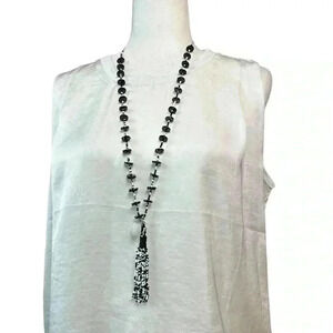 Chico’s Taylor Black White Beaded Long Tassel Necklace 32”